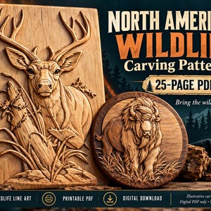 Könnte beinhalten: Eine 25-seitige digitale PDF-Schnitzvorlagensammlung mit dem Titel North American Wildlife Carving Patterns. Das Bild zeigt eine rechteckige Holzplatte mit einem geschnitzten Hirsch und eine runde Holzplatte mit einem geschnitzten Bison, inklusive Text.
