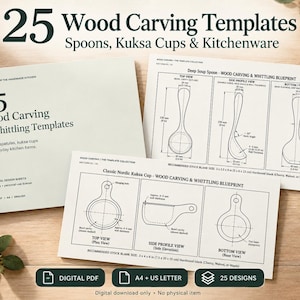 May include: A collection of 25 wood carving and whittling templates for spoons, kuksa cups, and kitchenware. The white paper sheets feature detailed technical blueprints with top, side, and bottom views, including measurements in inches and cm.