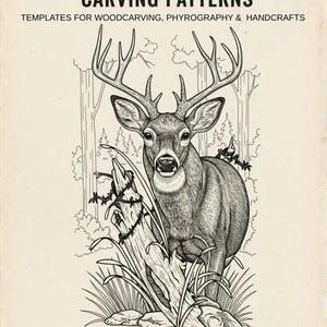 Puede incluir: Portada de libro con una ilustración en blanco y negro de un ciervo con grandes cuernos en un bosque. El título dice "NORTH AMERICAN WILDLIFE CARVING PATTERNS". El texto debajo de la ilustración dice "21 PATTERNS INCLUDED". El libro es para tallado en madera y pirograbado.