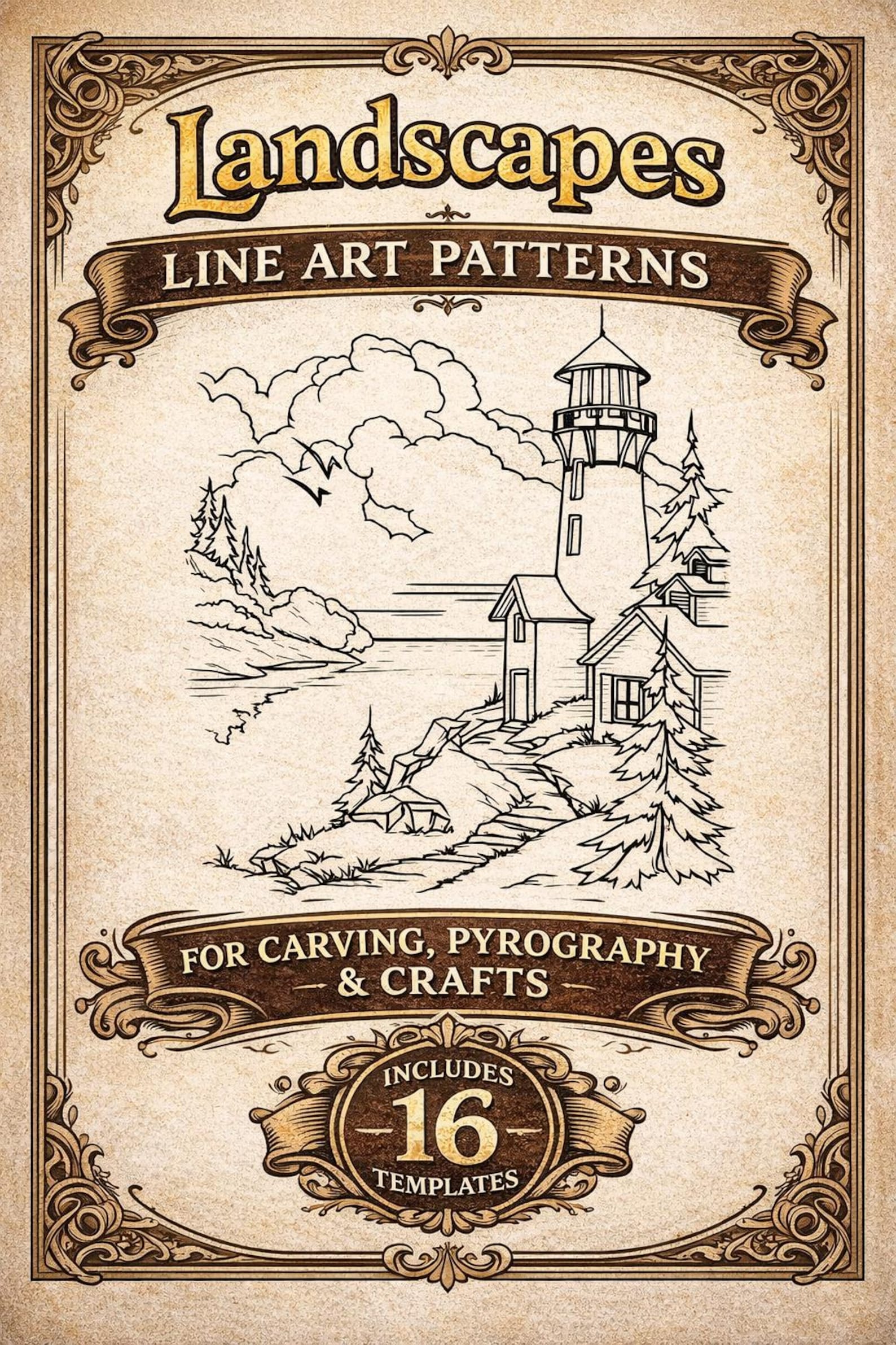 Pyography Printables Landscapes Line Art Patterns – 16 Printable Templates for Wood Carving ...