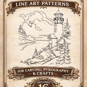 May include: A vintage-style book cover with the title "Landscapes" and the subtitle "Line Art Patterns." The cover features a lighthouse illustration and includes 16 templates for carving, pyrography, and crafts. The design is framed with ornate borders.