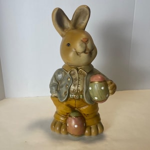 Vintage Nostalgic Easter Rabbit Bunny Figurine Holding Easter Egg 8.5&quot;