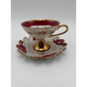 Yamato Japan Pedestal Tea Cup Reticulated Saucer Gold Magenta  Iridescent VTG