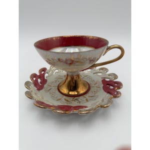 Yamato Japan Pedestal Tea Cup Reticulated Saucer Magenta Gold Iridescent VTG