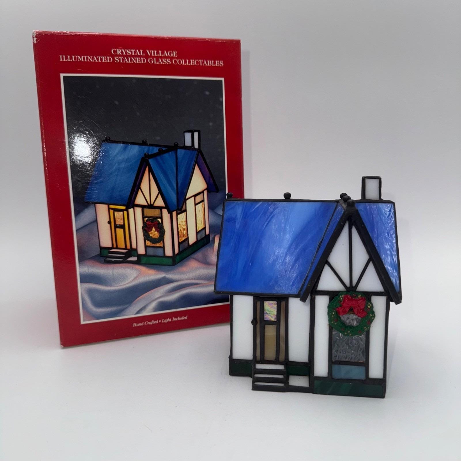 VTG Crystal Village Illuminated Stained Glass House Blue & White