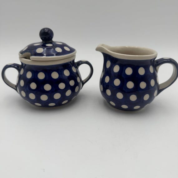 Heise Germany Bunzlau Ceramics Pre Poland Blue White Polka Dot Creamer Sugar VTG
