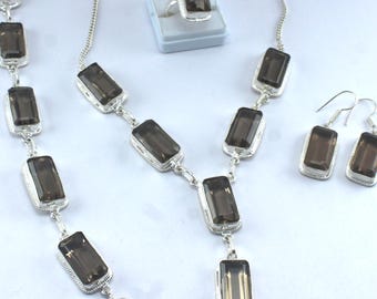 Emerald Cut Smoky Quartz Sterling Silver Jewelry Set