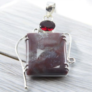 Handgefertigte Jaspis & Granat Anhänger Halskette Rechteckig Braun Rot Edelstein Schmuck, Sterling Silber Boho Anhänger, Geschenk für Sie