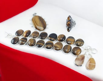 Handmade Tiger Eye Jewelry Set, Sterling Silver, Boho Healing Crystals