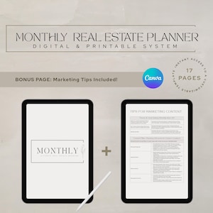 Op de afbeelding: Twee tablets tonen een digitale en printbare vastgoedplanner. De tekst luidt "MONTHLY REAL ESTATE PLANNER" en "BONUS PAGE: Marketing Tips Included!". Het Canva-logo is zichtbaar, samen met "17 PAGES". Er is ook een stylus aanwezig.