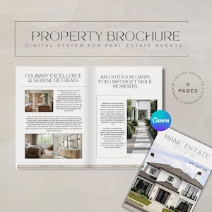May include: A property brochure with the text "PROPERTY BROCHURE" and "DIGITAL SYSTEM FOR REAL ESTATE AGENTS". The brochure features interior and exterior property images, with the text "CULINARY EXCELLENCE & SERENE RETREATS" and "AN OUTDOOR OASIS FOR UNFORGETTABLE MOMENTS".