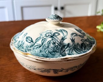Antique Ironstone Soap Dish - Teal Transferware - 3 Piece Covered Vanity Dish