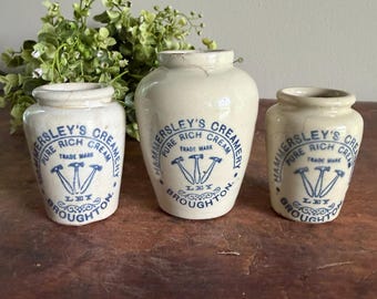 CHOICE Antique English Stoneware Cream Pots | Hammersley's Creamery Advertising | Circa 1900