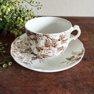 May include: A white teacup and saucer set with a brown floral pattern. The teacup has a curved handle and sits on a matching saucer. The floral design includes leaves and berries. The set is on a wooden surface.