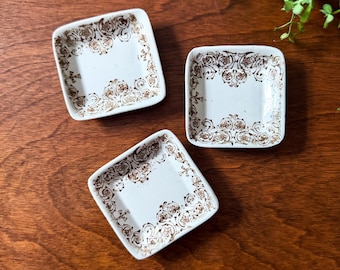 Antique Brown Transferware Butter Pats | Victorian Ironstone | Set of 3