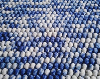 Handmade Wool Felt Ball Rug | Blue & White Boho Carpet