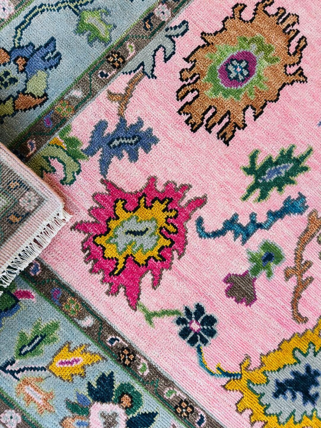 Hand Knotted Pink Wool Rug – Multicolor Botanical Design, Living Room ...