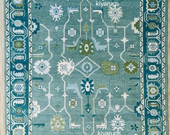Handmade Green Oushak Wool Rug – Teal Blue Floral Carpet (8x10)