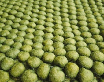 Handmade Green Wool Felt Ball Rug | Boho Decor