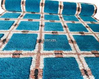 Handmade Teal Blue Wool Rug | Modern Checkered Geometric Carpet