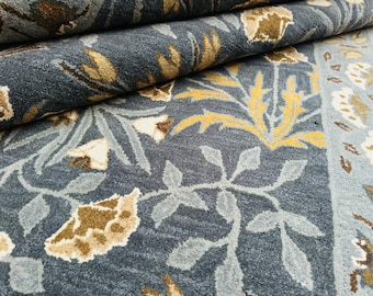 Tappeto floreale blu tessuto a mano / Tappeto botanico tradizionale / Tappeto in stile vintage effetto lana