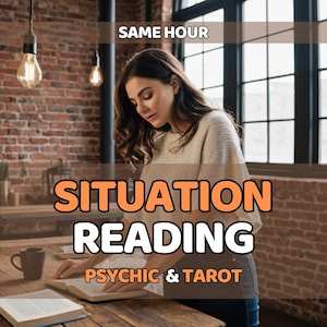May include: A woman reading a book with the words "SITUATION READING PSYCHIC & TAROT" in orange text. The words "SAME HOUR" are at the top. The background includes a brick wall, a wooden table, and a coffee mug.