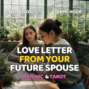 May include: Two women in a greenhouse setting, with text overlay: "DETAILED & SAME HOUR LOVE LETTER FROM YOUR FUTURE SPOUSE PSYCHIC & TAROT". The women are looking at a table with plants.