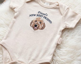 New Best Friend Embroidered Custom Pet Portrait Baby Onesie - Protected By Dog Bodysuit - Pet Sibling Outfit - Dog Newborn Onesie Gift