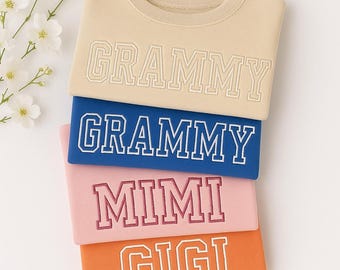 Custom Varsity Embroidered Grandma Sweatshirt: Kids Name on Sleeve, Personalized Grammy Mimi Gigi Gift