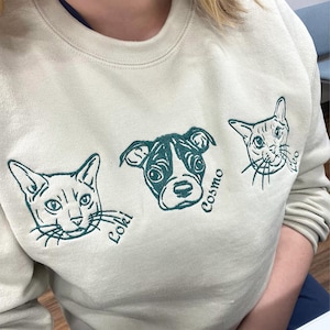 Custom Embroidered Pet Sweatshirt for Humans, Personalized Dog or Cat Portrait Hoodie, Custom Outline Photo, Line Art Drawing Sweater