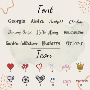 Puede incluir: Imagen que muestra estilos de fuente e iconos. Las fuentes incluyen Georgia, Aloha y Dancing Script. Los iconos incluyen corazones, coronas, balones de f&uacute;tbol y una carita sonriente. Tambi&eacute;n se muestran las palabras "Font" e "Icon".