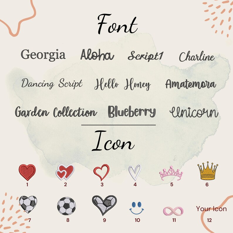 Puede incluir: Imagen que muestra estilos de fuente e iconos. Las fuentes incluyen Georgia, Aloha y Dancing Script. Los iconos incluyen corazones, coronas, balones de f&uacute;tbol y una carita sonriente. Tambi&eacute;n se muestran las palabras "Font" e "Icon".