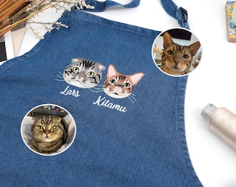 Embroidered Custom Pet Portrait Apron, Custom Cat Portrait Embroidered Apron, Portrait From Photo, Apron for Mama, Pet Lovers Gift for Mom