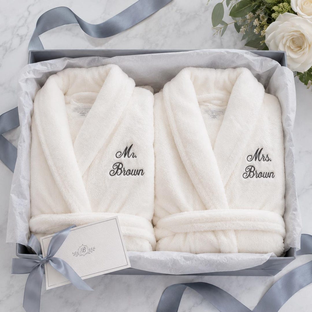 Personalized Mr. & Mrs. Honeymoon Bathrobes - Custom Embroidered Last Name Flush Robe - Engagement Anniversary Gift - Newly Wedding Gift - R102 Robe L/XL