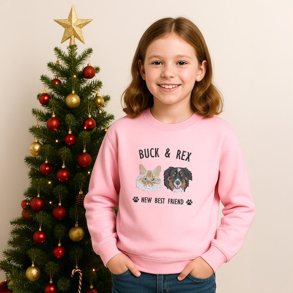 Sweat-shirt personnalisé brodé avec photo pour animal de compagnie - Nouveau sweat-shirt meilleur ami - Pull personnalisé pour jeunes avec têtes de chien et de chat - Cadeau de Noël