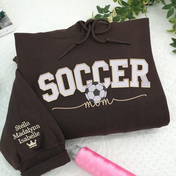 Personalized Embroidered Soccer Mom Sweatshirt: Custom Kids Name Sleeve, Fussball Mama, Game Day Gift