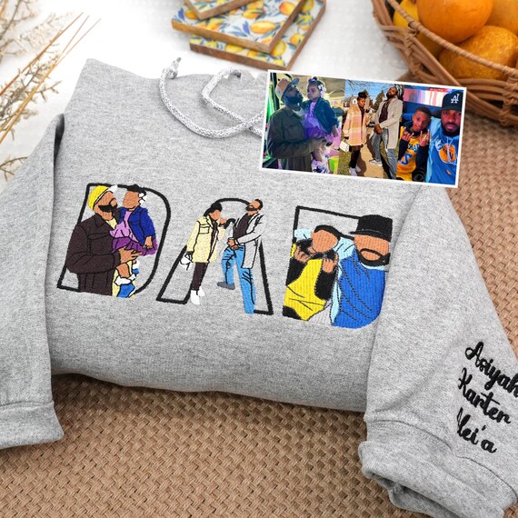 Embroidered Customizable Dad Hoodie with Photo, Custom Kids Name on Sleeve, Unique Father's Day Gift, Faceless Portrait Embroidery Sweater