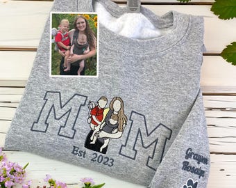 Sudadera personalizada para mamá con foto - Sudadera con cuello redondo y retrato infantil bordado - Camiseta conmemorativa para mamá
