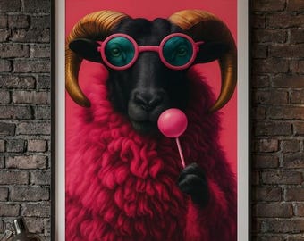 Funky Goat Pop Art Print: Pinke Brille, Lutscher (Digitaler Download)