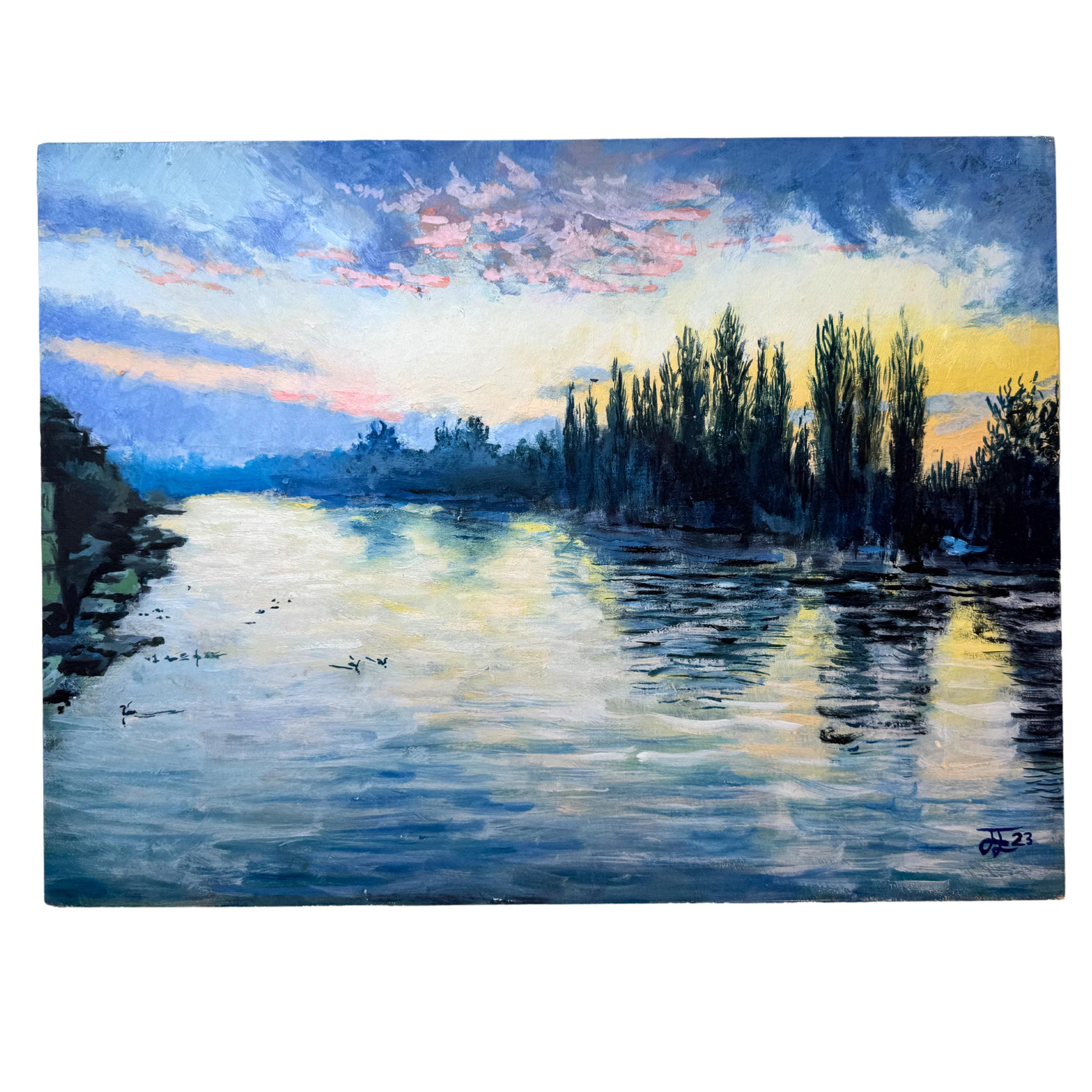 Kingston Bridge looking toward Hampton Court: Oil Painting Nature Landscape River Sunset