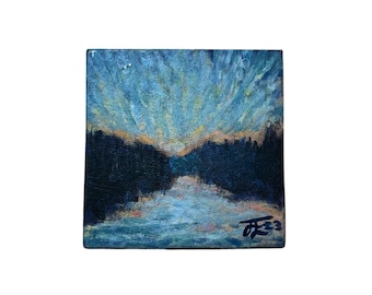 Towards Ham: Original Miniature Oil Painting Nature Landscape River Sunset unframed artwork