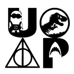 May include: Black and white graphic design featuring the letters "U" and "P", with a Minion character, a dinosaur, a Harry Potter symbol, and a shark's mouth. The design is on a white background.