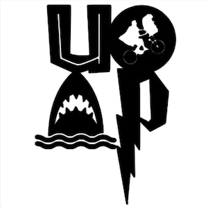 May include: Black and white graphic design featuring a shark's open mouth above wavy lines, a stylized 'U' shape, and a circular image of two figures on a bicycle. A lightning bolt shape extends downward.