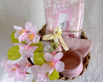 Japanese Artisanal Pink Glaze Hand Cup Gift Set ｜ Sakura Towel · Handmade Coaster · Floral Wreath Gift Basket | Sake Cup | Espresso Cup