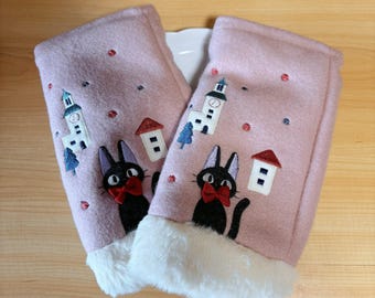 Kiki’s Delivery Service Jiji Mitten Gloves|Studio Ghibli Black Cat Embroidery Woolen Gloves|Cozy Winter Faux Fur Cuffed Mitten|Gift for Her