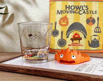 Howl's Moving Castle Kitchen Gift Set | Calcifer Glass Cup, 3D Silicone Coaster & Soft Hand Towel | Studio Ghibli Gift Box