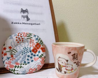 Handmade Japanese Maneki Neko (Lucky Cat) Ceramic Mug & Embroidered Floral Coaster Gift Set | Unique Zen Tea/Coffee Cup Gift