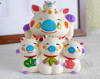 Japanese Handcrafted  Lucky Pig Ornament Set | Sakura Embroidery Mat · Auspicious Gift Basket | Cute Pig Figurine | Clay Pig Figure Ornament