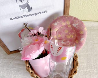 Handmade Japanese Sakura Bunny Cup Coaster Gift Basket| Rabbit Glass Cup| Ice Coffee Cup| Cherry Blossoms Gifts | Tea Cups Drinkware