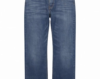 May include: A pair of blue denim jeans featuring a classic five-pocket design, a button and zipper fly closure, and a straight-leg cut with subtle fading on the thighs and seat, finished with copper-toned rivets and contrast stitching.